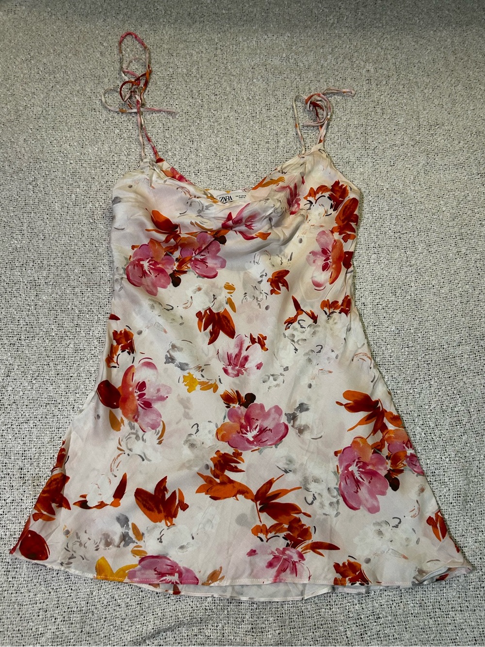 Zara Floral Slip Dress w scoop neck & tie straps Size M